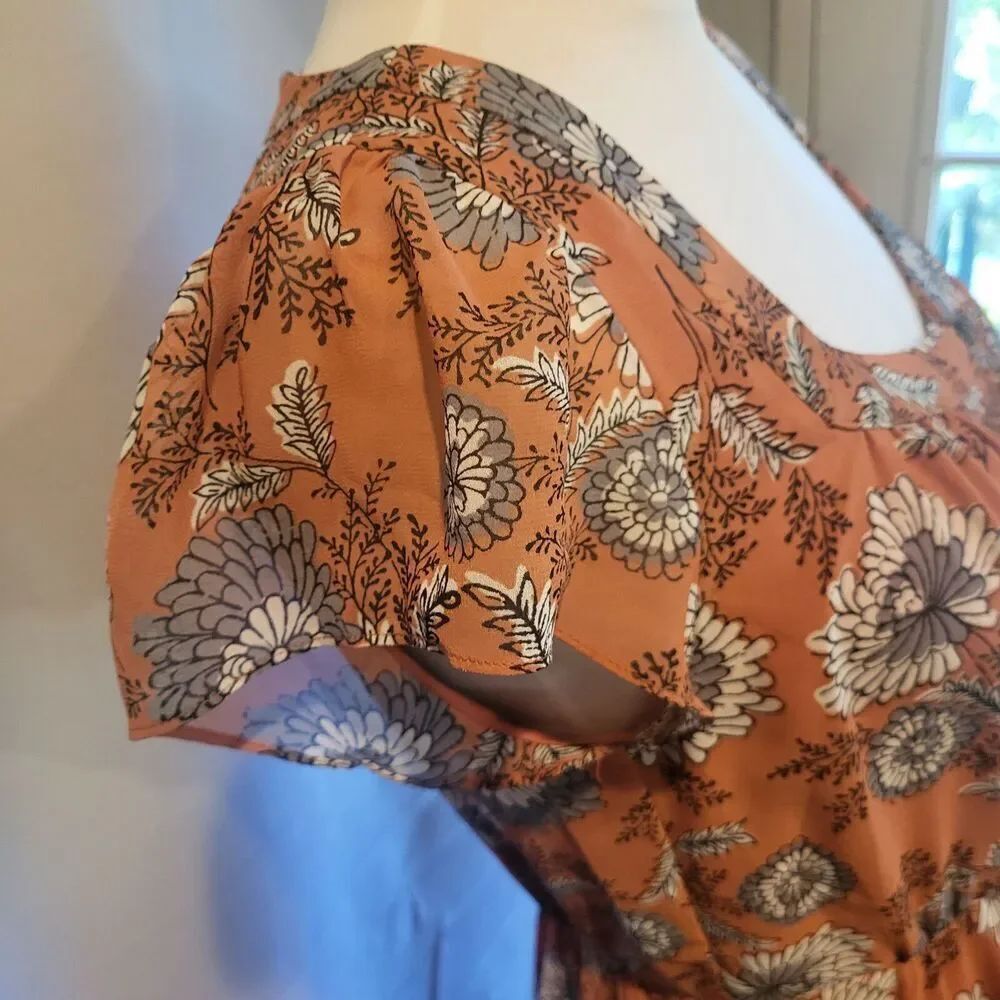New With Tags Madewell Orange Floral Ruffle Sleeve Button Front